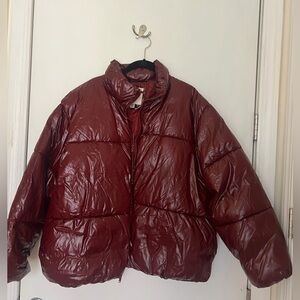Patent like red puffer jacket water resistant
